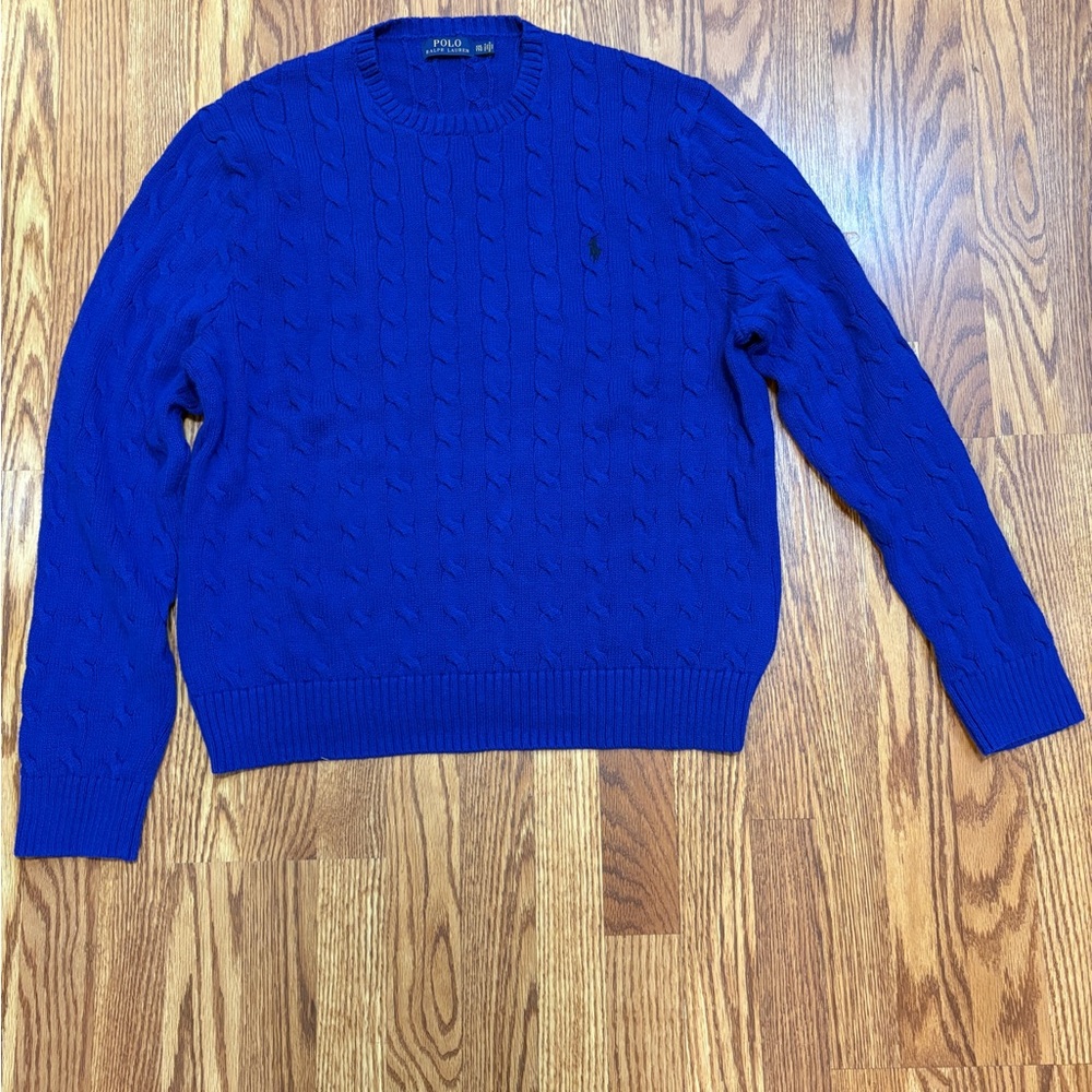 Ralph Lauren Men's Royal Blue Cable Knit Sweater XXL/TTG Preppy Warm Base Layer - Picture 2 of 8